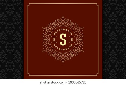 Luxury logo template vector golden vintage flourishes ornament. Good for royal crest, boutique brand, wedding shop, hotel sign. Frame and pattern background.