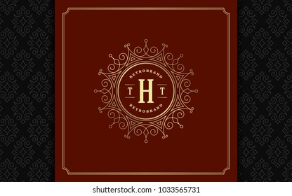 Luxury logo template vector golden vintage flourishes ornament. Good for royal crest, boutique brand, wedding shop, hotel sign. Frame and pattern background.