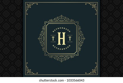 Luxury logo template vector golden vintage flourishes ornament. Good for royal crest, boutique brand, wedding shop, hotel sign. Frame and pattern background.