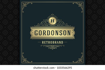 Luxury logo template vector golden vintage flourishes ornament. Good for royal crest, boutique brand, wedding shop, hotel sign. Frame and pattern background.