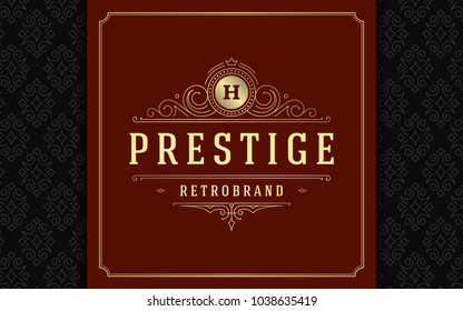 Luxury logo template vector golden vintage flourishes ornament. Good for royal crest, boutique brand, wedding shop, hotel sign. Frame and pattern background.