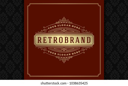 Luxury logo template vector golden vintage flourishes ornament. Good for royal crest, boutique brand, wedding shop, hotel sign. Frame and pattern background.