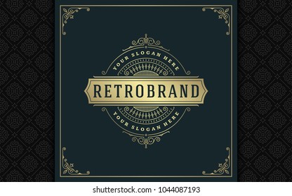 Luxury logo template vector golden vintage flourishes ornament. Good for royal crest, boutique brand, wedding shop, hotel sign. Frame and pattern background.