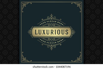 Luxury logo template vector golden vintage flourishes ornament. Good for royal crest, boutique brand, wedding shop, hotel sign. Frame and pattern background.