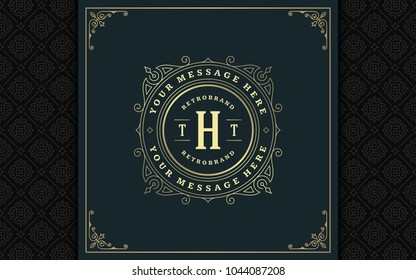 Luxury logo template vector golden vintage flourishes ornament. Good for royal crest, boutique brand, wedding shop, hotel sign. Frame and pattern background.