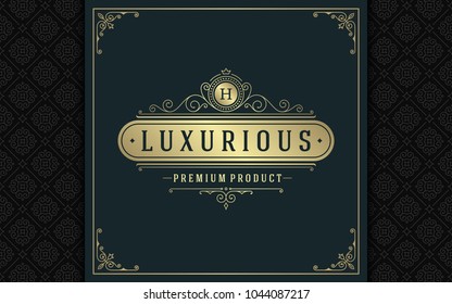 Luxury logo template vector golden vintage flourishes ornament. Good for royal crest, boutique brand, wedding shop, hotel sign. Frame and pattern background.