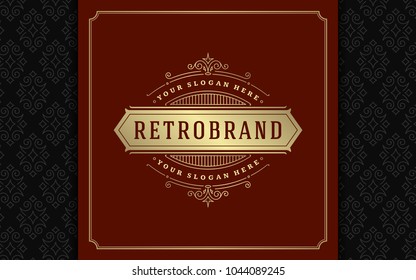 Luxury logo template vector golden vintage flourishes ornament. Good for royal crest, boutique brand, wedding shop, hotel sign. Frame and pattern background.