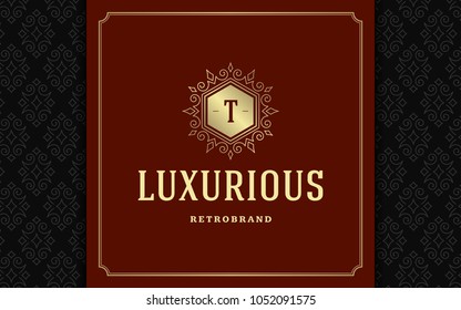Luxury logo template vector golden vintage flourishes ornament. Good for royal crest, boutique brand, wedding shop, hotel sign. Frame and pattern background.