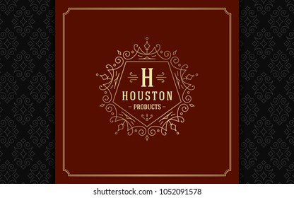 Luxury logo template vector golden vintage flourishes ornament. Good for royal crest, boutique brand, wedding shop, hotel sign. Frame and pattern background.