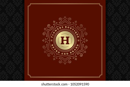 Luxury logo template vector golden vintage flourishes ornament. Good for royal crest, boutique brand, wedding shop, hotel sign. Frame and pattern background.