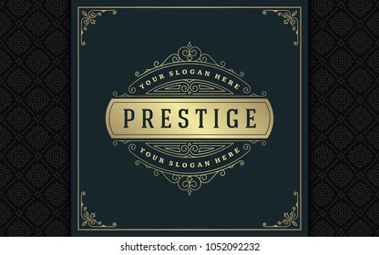 Luxury logo template vector golden vintage flourishes ornament. Good for royal crest, boutique brand, wedding shop, hotel sign. Frame and pattern background.