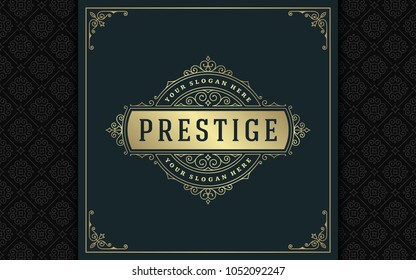 Luxury logo template vector golden vintage flourishes ornament. Good for royal crest, boutique brand, wedding shop, hotel sign. Frame and pattern background.