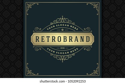 Luxury logo template vector golden vintage flourishes ornament. Good for royal crest, boutique brand, wedding shop, hotel sign. Frame and pattern background.