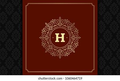 Luxury logo template vector golden vintage flourishes ornament. Good for royal crest, boutique brand, wedding shop, hotel sign. Frame and pattern background.