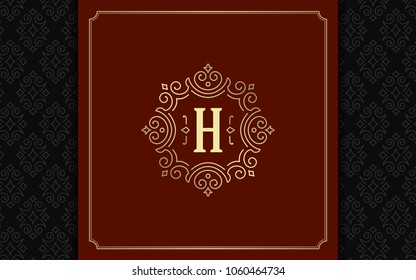 Luxury logo template vector golden vintage flourishes ornament. Good for royal crest, boutique brand, wedding shop, hotel sign. Frame and pattern background.