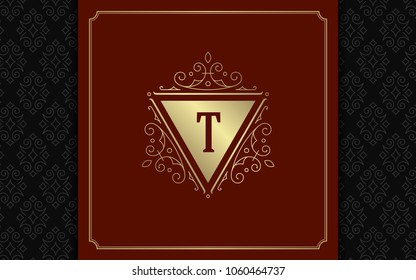 Luxury logo template vector golden vintage flourishes ornament. Good for royal crest, boutique brand, wedding shop, hotel sign. Frame and pattern background.