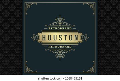 Luxury logo template vector golden vintage flourishes ornament. Good for royal crest, boutique brand, wedding shop, hotel sign. Frame and pattern background.