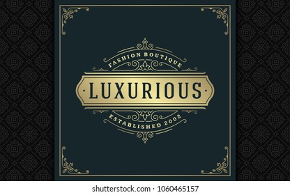 Luxury logo template vector golden vintage flourishes ornament. Good for royal crest, boutique brand, wedding shop, hotel sign. Frame and pattern background.