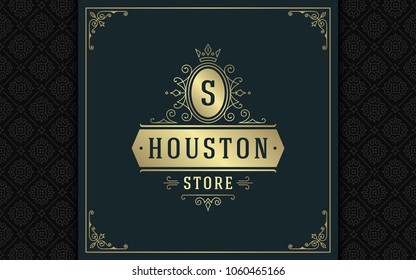 Luxury logo template vector golden vintage flourishes ornament. Good for royal crest, boutique brand, wedding shop, hotel sign. Frame and pattern background.