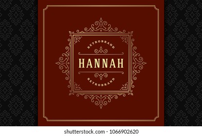 Luxury logo template vector golden vintage flourishes ornament. Good for royal crest, boutique brand, wedding shop, hotel sign. Frame and pattern background.