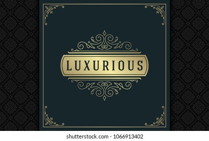 Luxury logo template vector golden vintage flourishes ornament. Good for royal crest, boutique brand, wedding shop, hotel sign. Frame and pattern background.