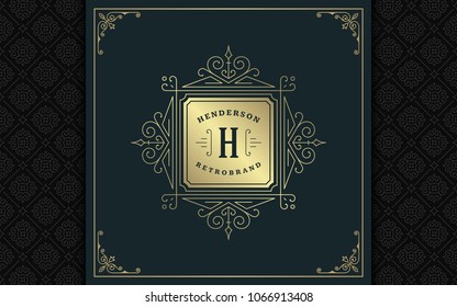Luxury logo template vector golden vintage flourishes ornament. Good for royal crest, boutique brand, wedding shop, hotel sign. Frame and pattern background.