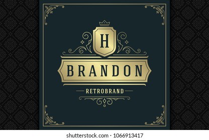 Luxury logo template vector golden vintage flourishes ornament. Good for royal crest, boutique brand, wedding shop, hotel sign. Frame and pattern background.