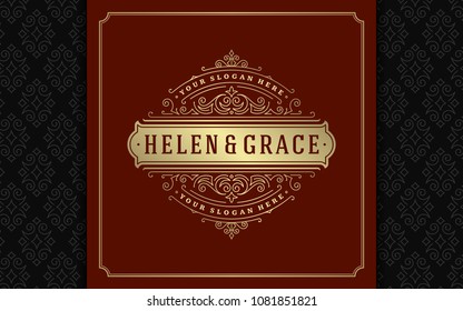 Luxury logo template vector golden vintage flourishes ornament. Good for royal crest, boutique brand, wedding shop, hotel sign. Frame and pattern background.