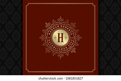 Luxury logo template vector golden vintage flourishes ornament. Good for royal crest, boutique brand, wedding shop, hotel sign. Frame and pattern background.