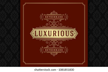 Luxury logo template vector golden vintage flourishes ornament. Good for royal crest, boutique brand, wedding shop, hotel sign. Frame and pattern background.
