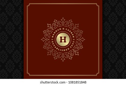 Luxury logo template vector golden vintage flourishes ornament. Good for royal crest, boutique brand, wedding shop, hotel sign. Frame and pattern background.