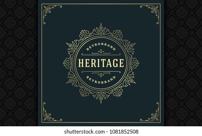 Luxury logo template vector golden vintage flourishes ornament. Good for royal crest, boutique brand, wedding shop, hotel sign. Frame and pattern background.