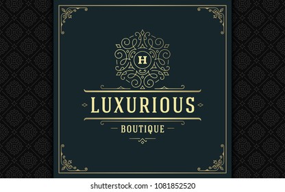 Luxury logo template vector golden vintage flourishes ornament. Good for royal crest, boutique brand, wedding shop, hotel sign. Frame and pattern background.