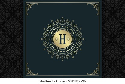 Luxury logo template vector golden vintage flourishes ornament. Good for royal crest, boutique brand, wedding shop, hotel sign. Frame and pattern background.