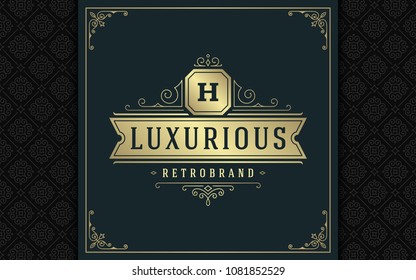 Luxury logo template vector golden vintage flourishes ornament. Good for royal crest, boutique brand, wedding shop, hotel sign. Frame and pattern background.