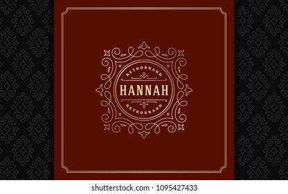 Luxury logo template vector golden vintage flourishes ornament. Good for royal crest, boutique brand, wedding shop, hotel sign. Frame and pattern background.
