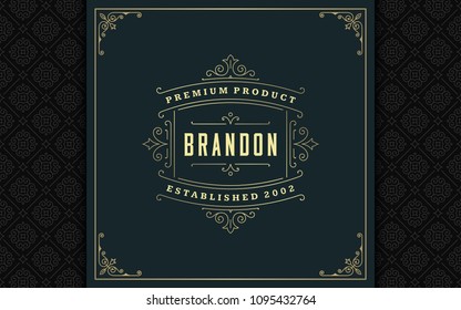 Luxury logo template vector golden vintage flourishes ornament. Good for royal crest, boutique brand, wedding shop, hotel sign. Frame and pattern background.
