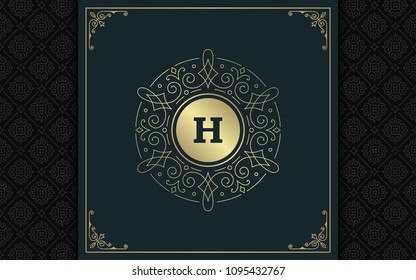 Luxury logo template vector golden vintage flourishes ornament. Good for royal crest, boutique brand, wedding shop, hotel sign. Frame and pattern background.