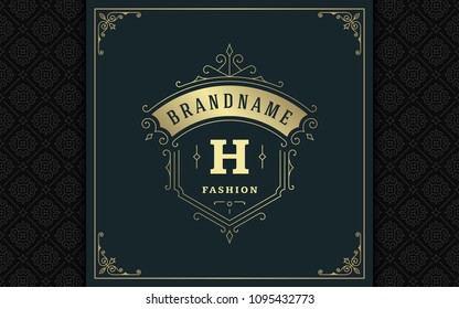 Luxury logo template vector golden vintage flourishes ornament. Good for royal crest, boutique brand, wedding shop, hotel sign. Frame and pattern background.