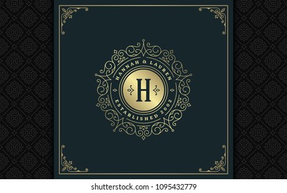 Luxury Logo Template Vector Golden Vintage Flourishes Ornament. Good For Royal Crest, Boutique Brand, Wedding Shop, Hotel Sign. Frame And Pattern Background.