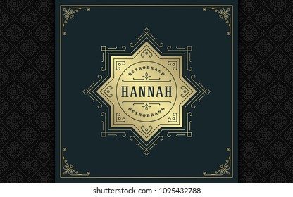 Luxury logo template vector golden vintage flourishes ornament. Good for royal crest, boutique brand, wedding shop, hotel sign. Frame and pattern background.