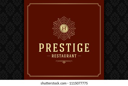 Luxury logo template vector golden vintage flourishes ornaments. Good for royal crest, boutique brand, wedding shop, hotel sign. Frame and pattern background.