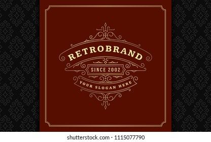 Luxury logo template vector golden vintage flourishes ornaments. Good for royal crest, boutique brand, wedding shop, hotel sign. Frame and pattern background.