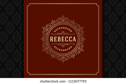 Luxury logo template vector golden vintage flourishes ornaments. Good for royal crest, boutique brand, wedding shop, hotel sign. Frame and pattern background.