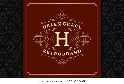 Luxury logo template vector golden vintage flourishes ornaments. Good for royal crest, boutique brand, wedding shop, hotel sign. Frame and pattern background.