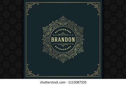 Luxury logo template vector golden vintage flourishes ornaments. Good for royal crest, boutique brand, wedding shop, hotel sign. Frame and pattern background.