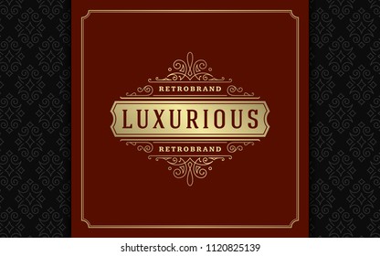 Luxury logo template vector golden vintage flourishes ornaments. Good for royal crest, boutique brand, wedding shop, hotel sign. Frame and pattern background.