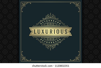 Luxury logo template vector golden vintage flourishes ornaments. Good for royal crest, boutique brand, wedding shop, hotel sign. Frame and pattern background.