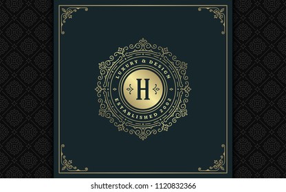 Luxury logo template vector golden vintage flourishes ornaments. Good for royal crest, boutique brand, wedding shop, hotel sign. Frame and pattern background.