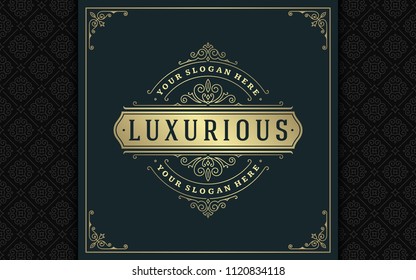 Luxury logo template vector golden vintage flourishes ornaments. Good for royal crest, boutique brand, wedding shop, hotel sign. Frame and pattern background.